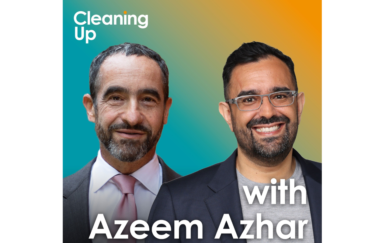 Promotional image for the 'Cleaning Up' podcast featuring Azeem Azhar, with hosts against a gradient teal and orange background.